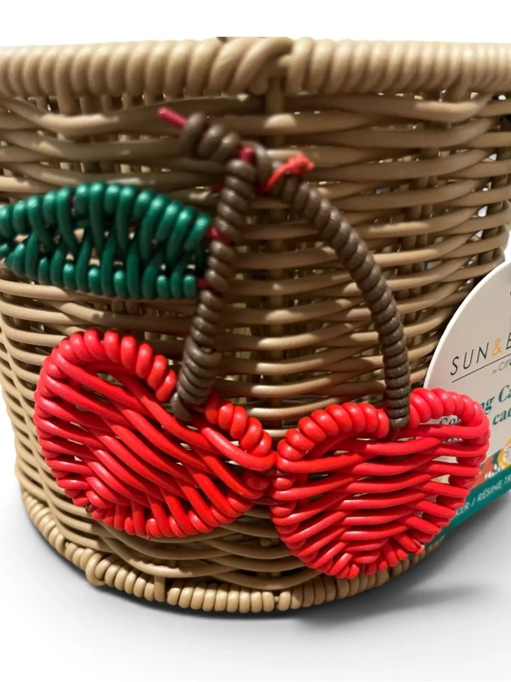 🆕 Ciroa Hello Summer Cherry Tan Resin Wicker Utensil Silverware Serving Caddy